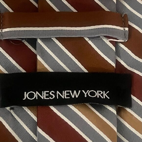 Jones New York 100% Silk Men’s Tie Brown Gray Striped Designer Neutral Necktie - Picture 6 of 8